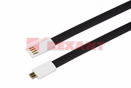 18-4281 USB кабель microUSB, плоский силиконовый шнур, черный REXANT