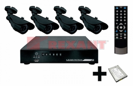 45-0113 Комплект видеонаблюдения   4 наружные камеры (с жестким диском)  REXANT