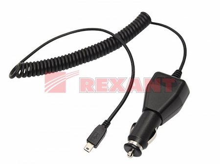 16-0242 Автозарядка с индикатором mini USB (АЗУ) (5V, 2 000mA) шнур спираль до 2М REXANT