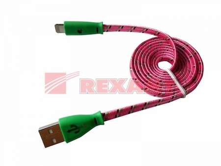 REXANT 18-4258 USB кабель светящиеся разъемы для iPhone 5/6/7 моделей шнур шелк плоский1М розовый Выводим