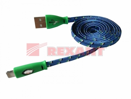 REXANT 18-4259 USB кабель светящиеся разъемы для iPhone 5/5S/5C шнур шелк плоский1М синий