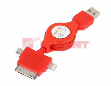 REXANT 18-4055 USB кабель-рулетка 3 в 1 для iPhone 5/microUSB/iPhone 4 красный