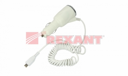 REXANT 18-4094 Автозарядка в прикуриватель microUSB (АЗУ) шнур спираль белая блистер
