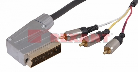 17-1332 Шнур SCART - 3 RCA с переключателем, длина 1,5 метра (GOLD- металл)  REXANT