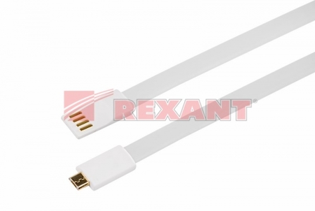 18-4280 USB кабель microUSB, плоский силиконовый шнур, белый REXANT