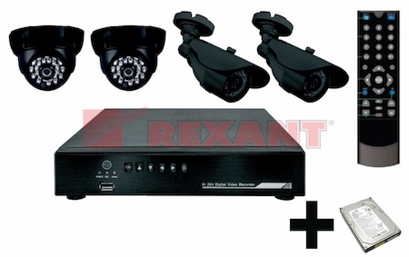 45-0121 Комплект видеонаблюдения  2 внутренние камеры 2 наружные камеры (с жестким диском)  REXANT