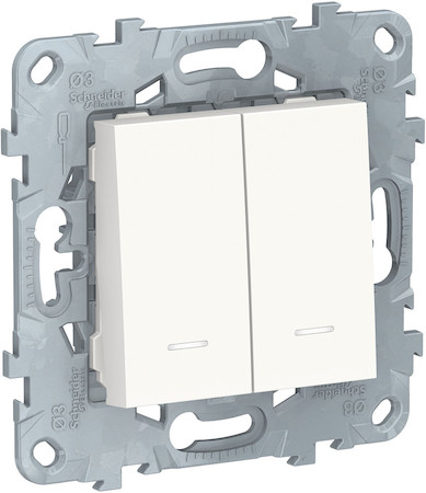 Schneider Electric NU521118N UNICA NEW выключатель 2-клавишный, 2 модуля, с подсветкой, 2 х сх. 1а, белый