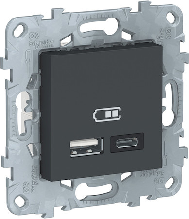 Schneider Electric NU501854 UNICA NEW РОЗЕТКА USB, 2-местная, тип А+С, 5 В / 2400 мА, АНТРАЦИТ