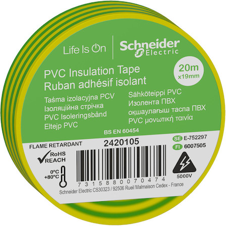 Schneider Electric 2420105 ИЗОЛЕНТА ПВХ 19мм Х 20м толщина-0,13мм ЖЁЛТО-ЗЕЛЁНАЯ