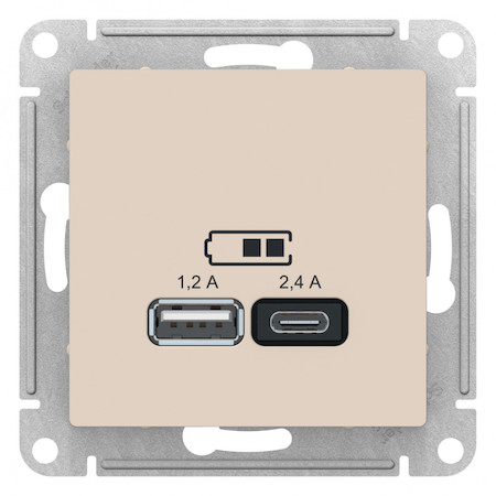 Schneider Electric ATN000239 ATLASDESIGN USB РОЗЕТКА A+С, 5В/2,4А, 2х5В/1,2А, механизм, БЕЖЕВЫЙ