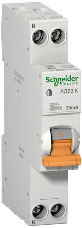 Schneider Electric 12523 ДИФ. АВТ. ВЫКЛ. АД63 К 1П+Н 20A 30MA 4,5кА C АС, 18 мм