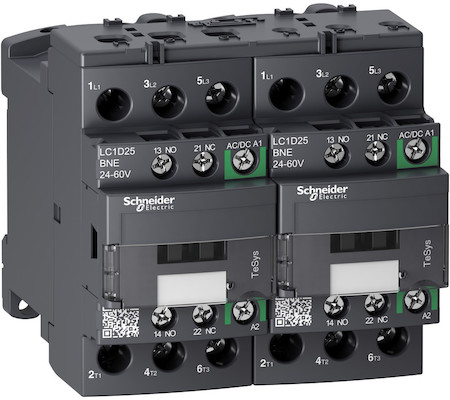 Schneider Electric LC2D25BNE КОНТАКТОР РЕВЕРС. D 3P AC3 440В 25A, КАТУШКА УПР. 24-60В AC/DC, ЗАЖИМ ПОД ВИНТ