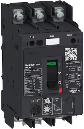 Schneider Electric GV4PE115B6 АВТ.ВЫКЛ GV4PE С КОМБИНИРОВАННЫМ РАСЦЕПИТЕЛЕМ 115A 25kA ЗАЖИМ ПОД КОЛЬЦ.НАК.