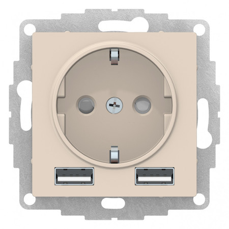 Schneider Electric ATN000230 ATLASDESIGN РОЗЕТКА 16А c 2 USB A+A, 5В/2,4А, 2х5В/1,2А, механизм, БЕЖЕВЫЙ