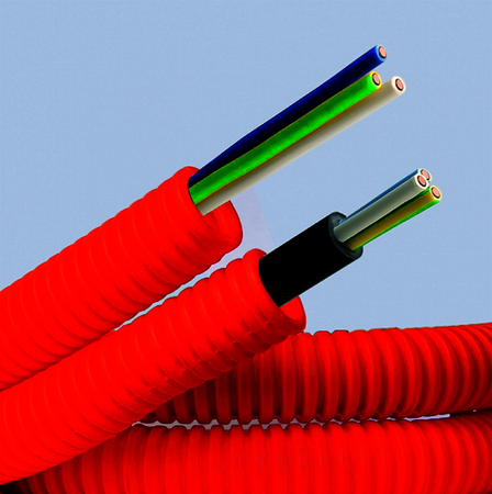 Фото ДКС 7L916100 Труба ПНД гибкая гофрированная, д.16 мм, цвет оранжевый, с кабелем 3х1,5ВВГнгLS РЭК "ГОСТ+", 100 м DKC