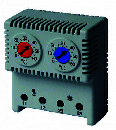 ДКС R5THRV13 Сдвоенный термостат, диапазон температур для NC контакта: 10-50°C, для NO: 20-80°C