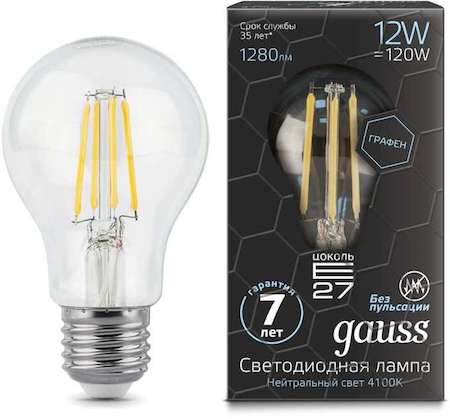 Лампа светодиодная Filament Graphene A60 12Вт 4100К E27 Gauss 102802212
