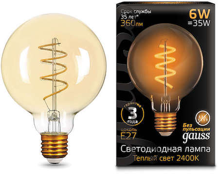 Фото Gauss 105802007 Лампа LED Filament G95 Flexible E27 6W Golden 2400К 1/20
