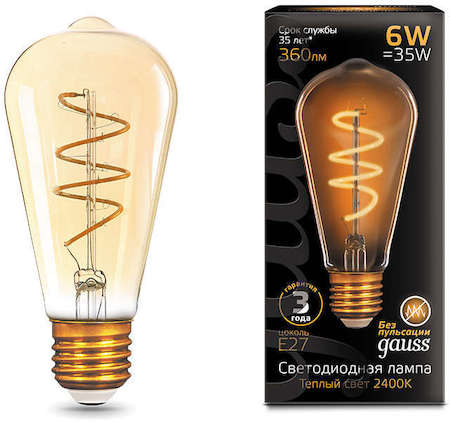 Фото Gauss 157802006 Лампа LED Filament ST64 Flexible E27 6W Golden 2400К 1/10/40