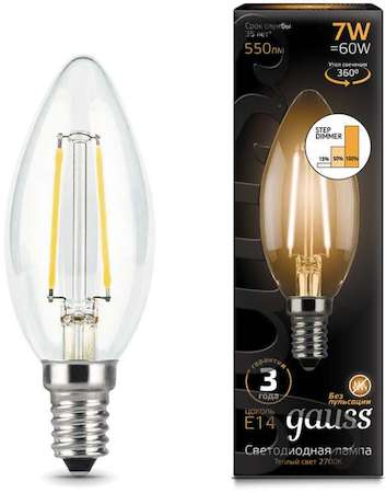 Фото Gauss 103801107-S Лампа LED Filament Candle E14 7W 2700К step dimmable 1/10/50