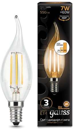 Фото Gauss 104801107-S Лампа LED Filament Candle tailed E14 7W 2700K step dimmable 1/10/50