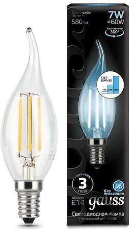Фото Gauss 104801207-S Лампа LED Filament Candle tailed E14 7W 4100K step dimmable 1/10/50