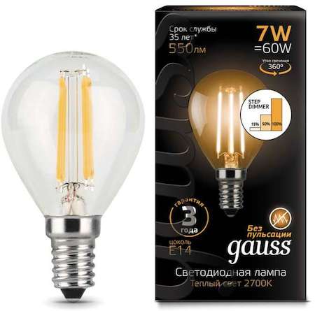 Лампа светодиодная Filament Globe 7Вт 2700К E14 step dimmable Gauss 105801107-S