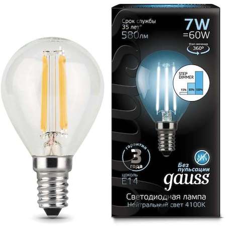 Фото Gauss 105801207-S Лампа LED Filament Globe E14 7W 4100K step dimmable 1/10/50