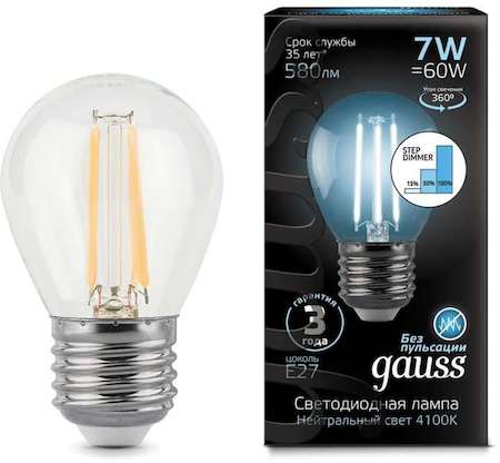 Лампа светодиодная Filament Globe 7Вт 4100К E27 step dimmable Gauss 105802207-S