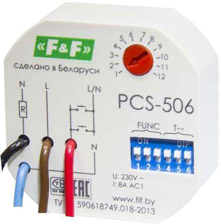 Евроавтоматика F&F Реле времени PCS-506 (многофункц. 230В 8А 1HO IP20 монтаж в коробку d60мм) F&F EA02.001.017
