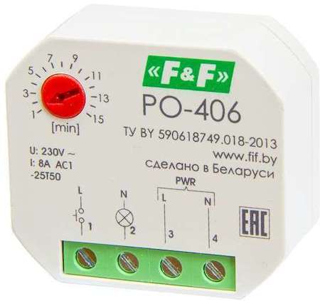 Евроавтоматика F&F Реле времени PO-406 (задержка выкл. /управ. контактом 230В 8А 1НО IP20 монтаж в коробку d-60мм) F&F EA02.001.019