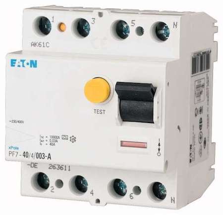 Выключатель дифференциального тока (УЗО) 4п 25А 100мА тип AC 10кА PF7 4мод. EATON 263585