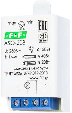 Евроавтоматика F&F Автомат лестничный ASO-208 с акустич. датчиком (регулируемый акустич/порог фотодатчик для любых ламп 230В 0.7А 1 перекл/контакт IP40) F&F EA01.004.002