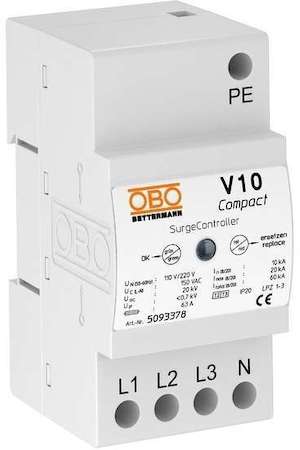 OBO Bettermann Устройство защиты от импульсных перенапр. УЗИП для силовых сетей 3+NPE (Класс II+III) 385В V10 COMPACT 385 OBO 5093384