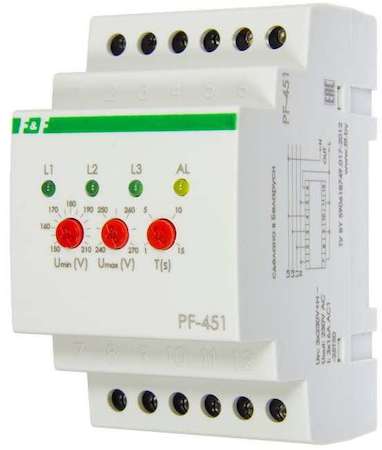 Евроавтоматика F&F Переключатель фаз PF-451 (с выходами для контакторов; с регулируемыми верхними (230-260) и нижними (150-210) значениями напряжения переключения; монтаж на DIN-рейке 35мм 3х400/230+N 3х16А IP20) F&F EA04.005.003