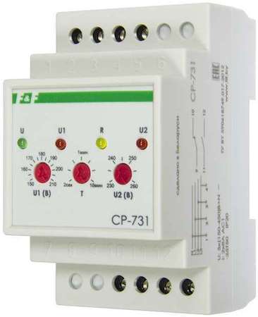 Евроавтоматика F&F Реле напряжения CP-731 (трехфазный; микропроцессорный; контроль верхнего и нижнего значений напряжения; контроль асимметрии; чередования фаз; монтаж на DIN-рейке 35мм 3х400/230+N 2х8А 1Z 1R IP20) F&F EA04.009.005