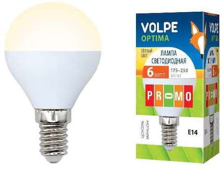 Лампа светодиодная LED-G45-6W/WW 6Вт шар 3000К тепл. бел. E14 450лм 175-250В Volpe 10217