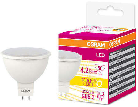 Osram Лампа светодиодная LED STAR MR16 4.2W/830 (замена 35Вт) 4.2Вт пласт. 3000К тепл. бел. GU5.3 360лм 36 град. 12В OSRAM 4058075160842