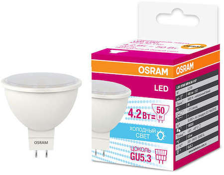 Osram Лампа светодиодная LED STAR MR16 4.2W/840 (замена 35Вт) 4.2Вт пласт. 4000К нейтр. бел. GU5.3 380лм 36 град. 12В OSRAM 4058075160897