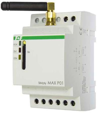 Евроавтоматика F&F Реле дистанционного управления SIMply MAX Р01 (встроенный GSM-коммуникатор 2 вх. 2 вых. реле для дистанц. контроля состояния и управления удаленными объектами с помощью SMS 3 мод.; 230В AC IP20) F&F EA15.001.001