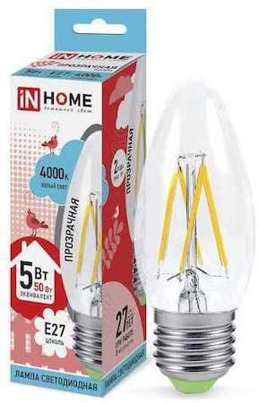 Лампа светодиодная LED-свеча-deco 5Вт 230В E27 4000К 450Лм прозрачная IN HOME 4690612007595