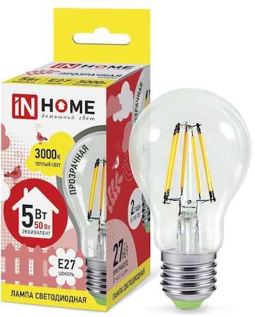 Лампа светодиодная LED-A60-deco 5Вт грушевидная 230В E27 3000К 450лм прозр. IN HOME 4690612008028