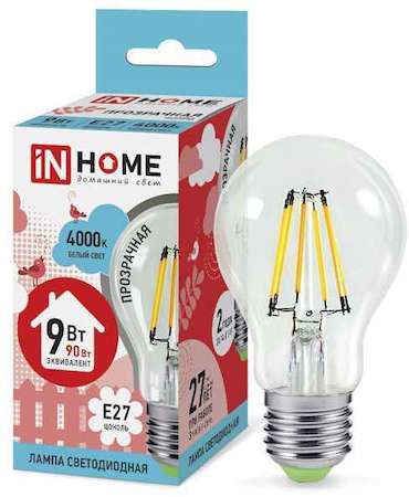 Лампа светодиодная LED-A60-deco 9Вт грушевидная 230В E27 4000К 810лм прозр. IN HOME 4690612008073