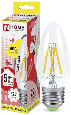 Лампа светодиодная LED-СВЕЧА-deco 5Вт 230В E27 3000К 450Лм прозр. IN HOME 4690612007588