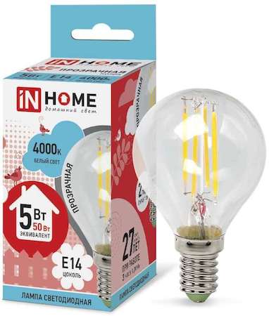 Лампа светодиодная LED-ШАР-deco 5Вт 230В E14 4000К 450Лм прозр. IN HOME 4690612007694