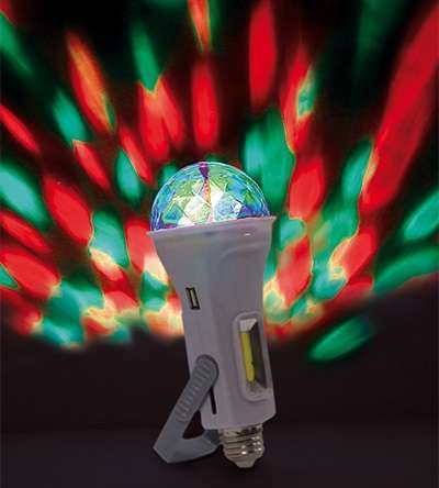КОСМОС Светильник "Чудо-лампа" 4 в 1: диско-лампа Е27; диско-светильник (настольный или подвесной питание от аккумулятора); зарядка для телефона (выход USB); фонарик (аккумулятор заряжается от солнца или от сети 220В Е27) Космос KOCNL-EL158