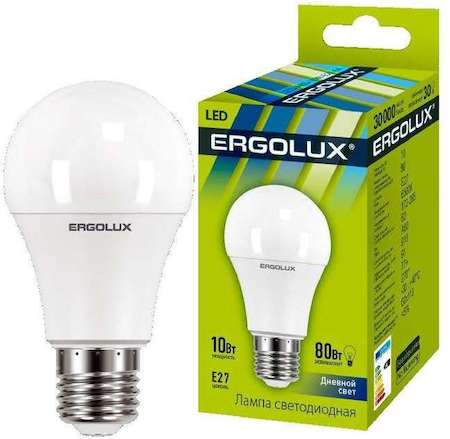 Лампа светодиодная LED-A60-10W-E27-6500K грушевидная ЛОН 172-265В Ergolux 12879