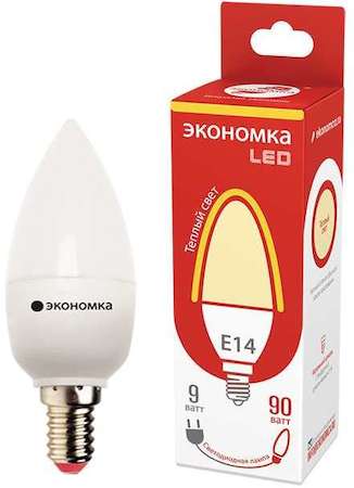 Лампа светодиодная 9Вт свеча E14 230В 3000К 800лм ЭКОНОМКА Eco_LED9wCNE1430