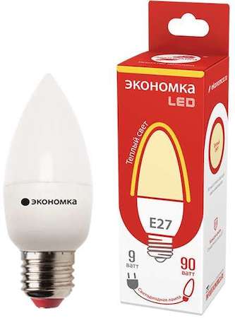 Лампа светодиодная 9Вт свеча E27 230В 3000К 800лм ЭКОНОМКА Eco_LED9wCNE2730