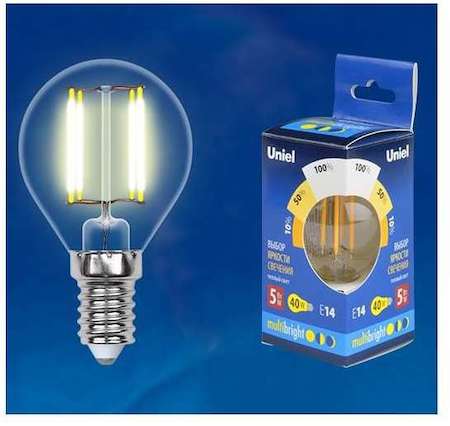 Лампа светодиодная LED-G45-5W/WW/E14/CL/MB GLM10TR форма "шар" прозр. Multibright свет теплый бел. 3000К 100-50-10 упак. картон Uniel UL-00002369